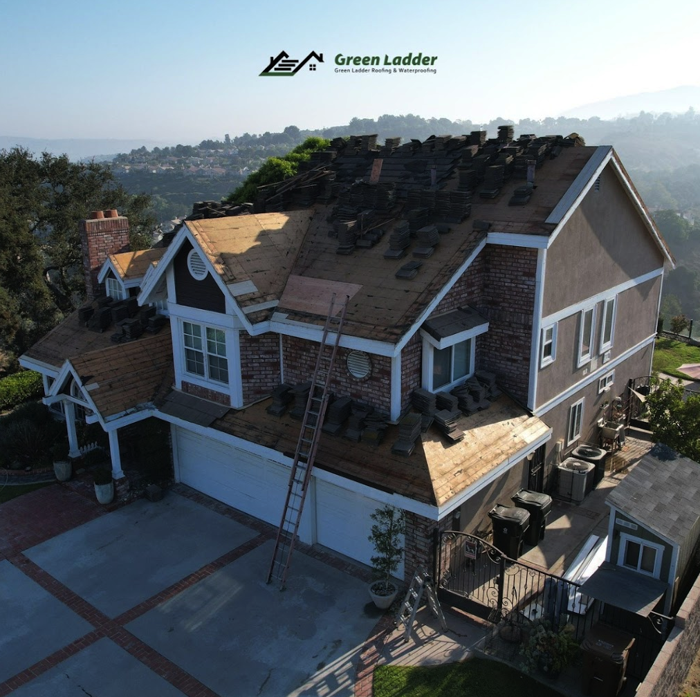 Green Ladder Roofing tear-off on a Pasadena hillside home