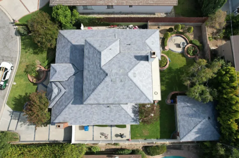 Overhead view of a synthetic slate roof replacement in Arcadia